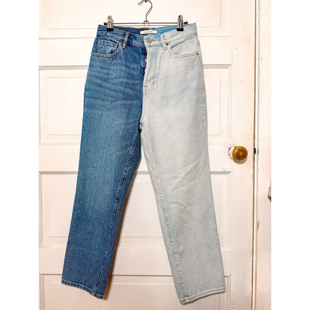 PacSun High Rise Straight TwoTone Colorblock Jeans Blue Light Wash Button Fly 27